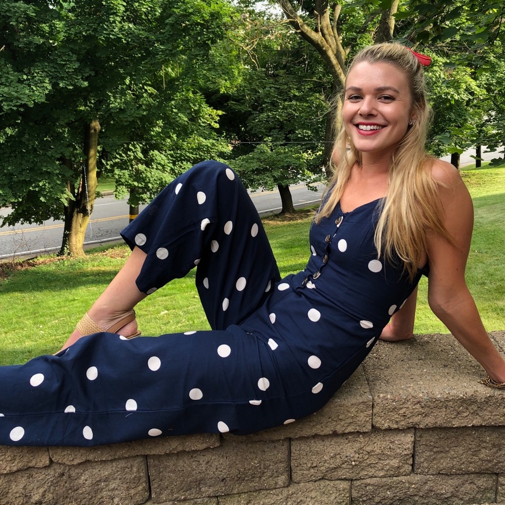 Blue and white polka dot romper. It’s more like capris length.